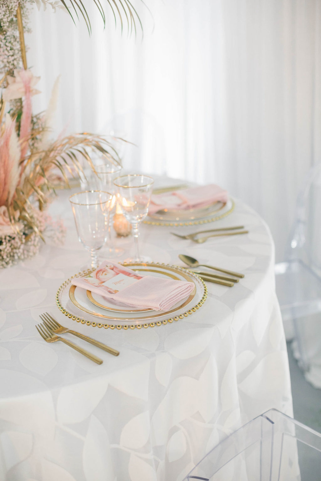 Clearwater Beach Wedding Venue Bellwether Beach Resort Styled With Love Something Bleu by McKenna Bleu | Instagram Wedding Designer Inspiration | Reception Table Linen with Gold Beaded Edge Charger and Gold Flatware with Blush Pink Napkin and Floral Menu Card and Gold Rim Glassware