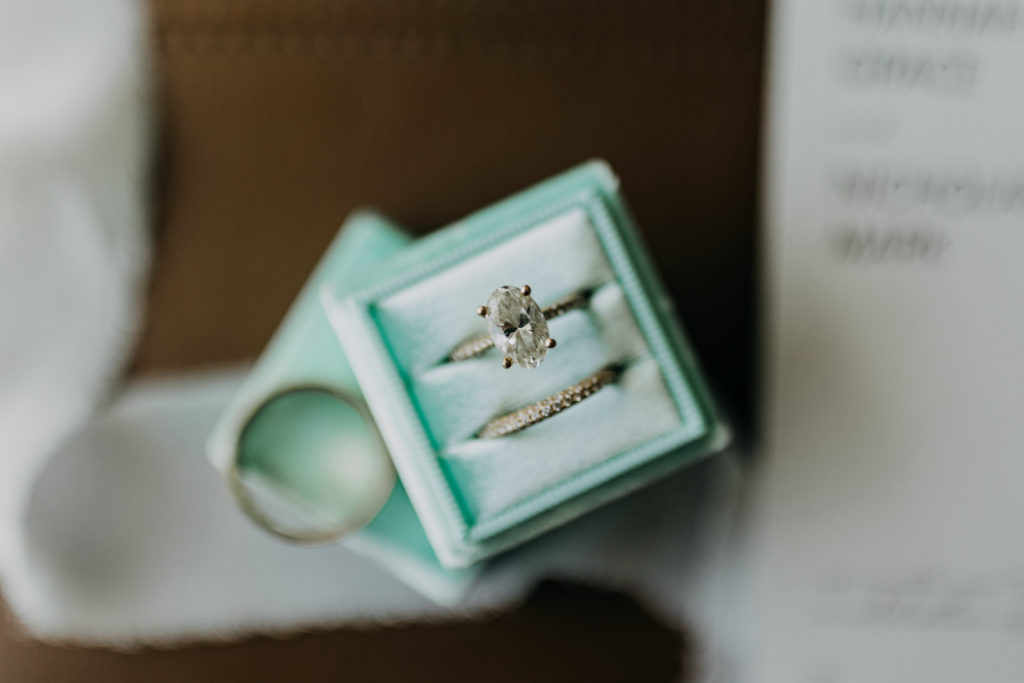 Oval Diamond Engagement Ring Diamond Wedding Band Inside Mint Velvet Ring Box | Tampa Bay Wedding Photographer Amber McWhorter Photography