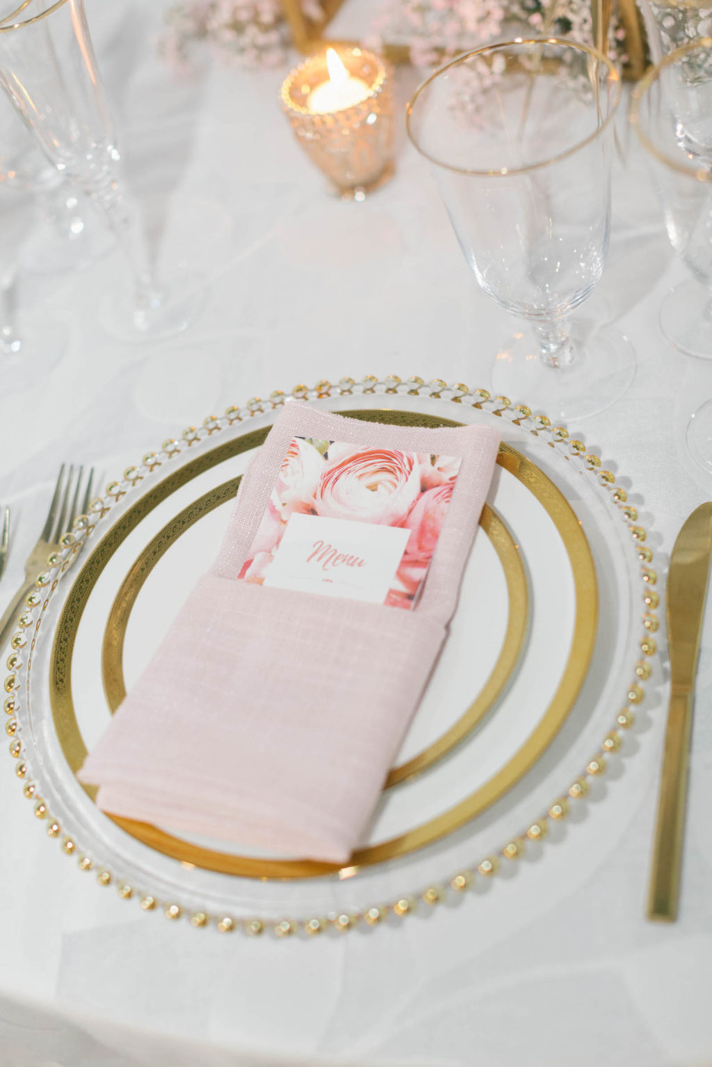 Clearwater Beach Wedding Venue Bellwether Beach Resort Styled With Love Something Bleu by McKenna Bleu | Instagram Wedding Designer Inspiration | Reception Table Linen with Gold Beaded Edge Charger and Gold Flatware with Blush Pink Napkin and Floral Menu Card and Gold Rim China and Glassware