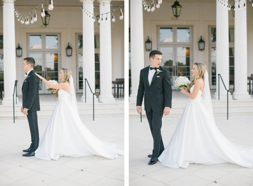 Tampa Bride in Classic Strapless Wedding Dress and Groom in Black Tuxedo First Look