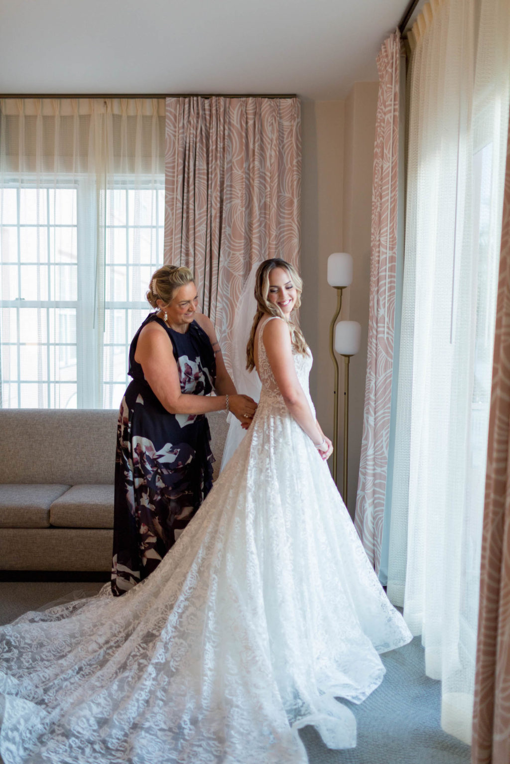 Bride Getting Dressed and Ready with Mother of the Bride | Monique Lhuillier Designer Wedding Dress A Line Ballgown Lace Bridal Gown