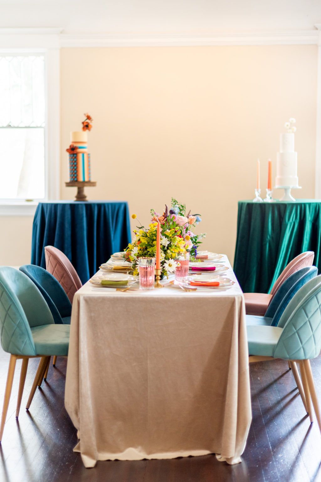 Tampa Wedding Styled Shoot 70's Retro Vintage | Velvet Chairs and Velvet Table Linen by Kate Ryan Event Rentals | Colorful Vibrant Wedding Centerpiece and Cakes
