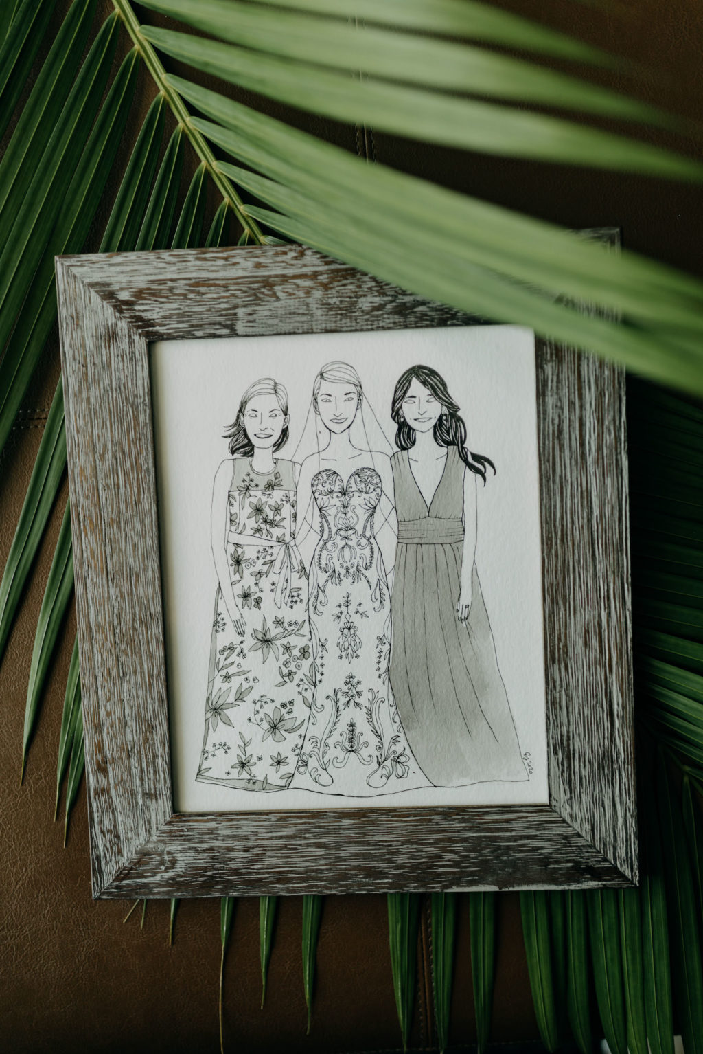 Unique Custom Hand Drawn Pencil Illustration of Bride with Bridesmaids in Gray Wooden Frame | Tampa Bay Wedding Photographer Amber McWhorter Photography