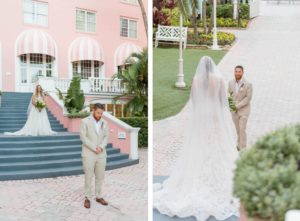 Bride and Groom Outdoor Portrait Staircase First look at St. Pete Beach Wedding Venue The Don CeSar Pink Palace | Monique Lhuillier Designer Wedding Dress A Line Ballgown Lace Bridal Gown | Groom Wearing Casual Khaki Suite