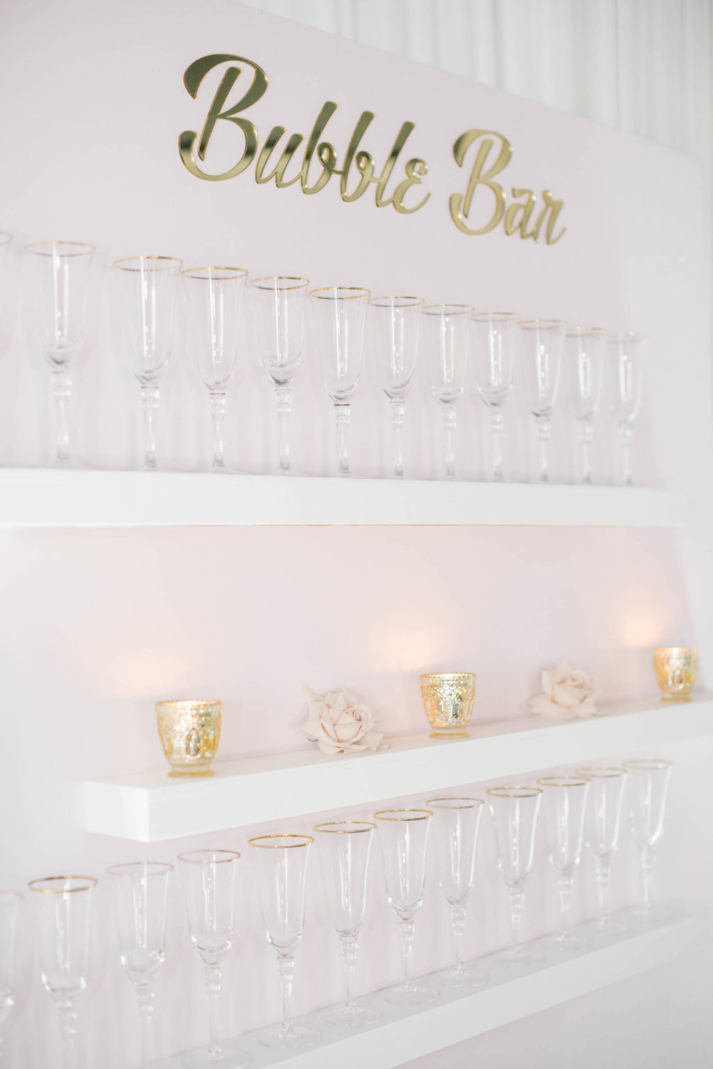 Clearwater Beach Wedding Venue Bellwether Beach Resort Styled With Love Something Bleu by McKenna Bleu | Instagram Wedding Designer Inspiration | Bubble Bar Champagne Wall Shelf Display