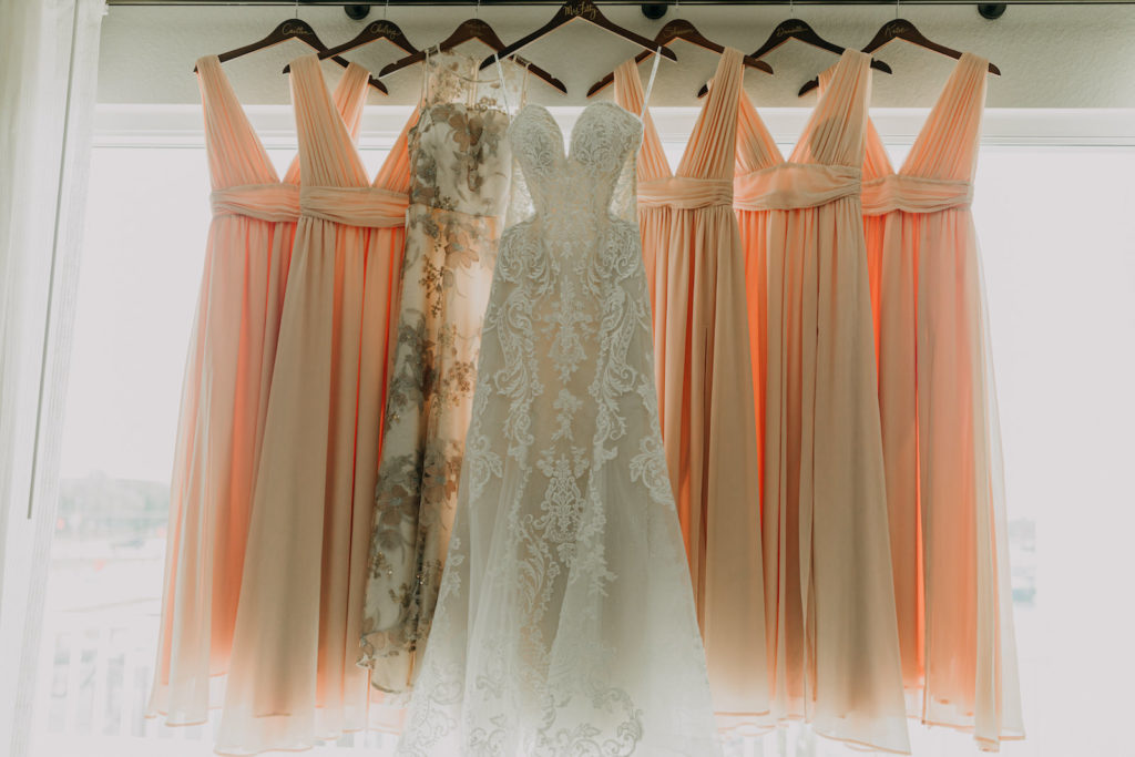 Lace and Illusion Strapless Wedding Dress, Blush Pink Matching Bridesmaids Dresses and Floral Maid of Honor Dress | Tampa Bay Wedding Photographer Amber McWhorter Photography
