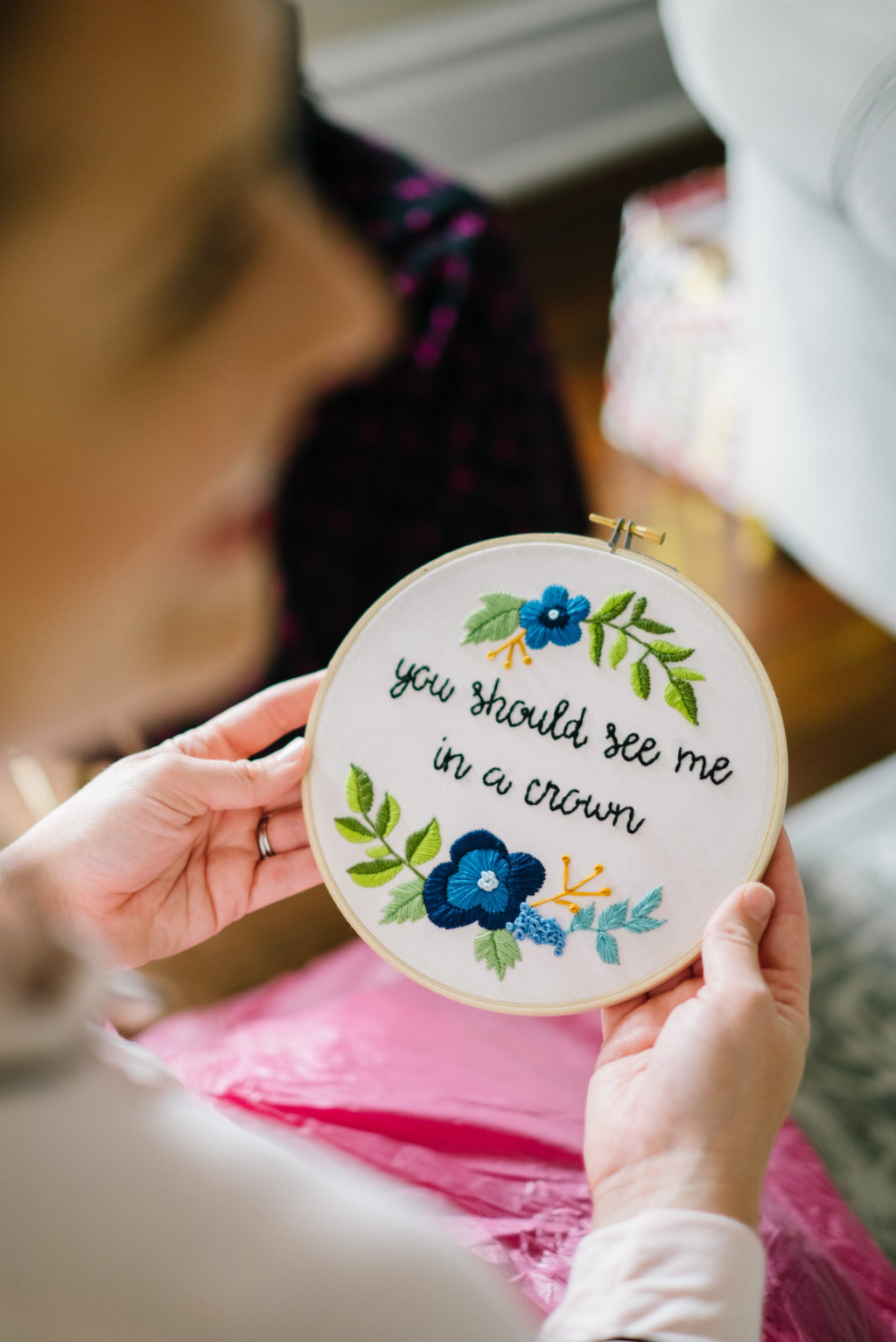Bride Holding Personal Item, Embroidered Hoop "You Should See Me in a Crown" quote