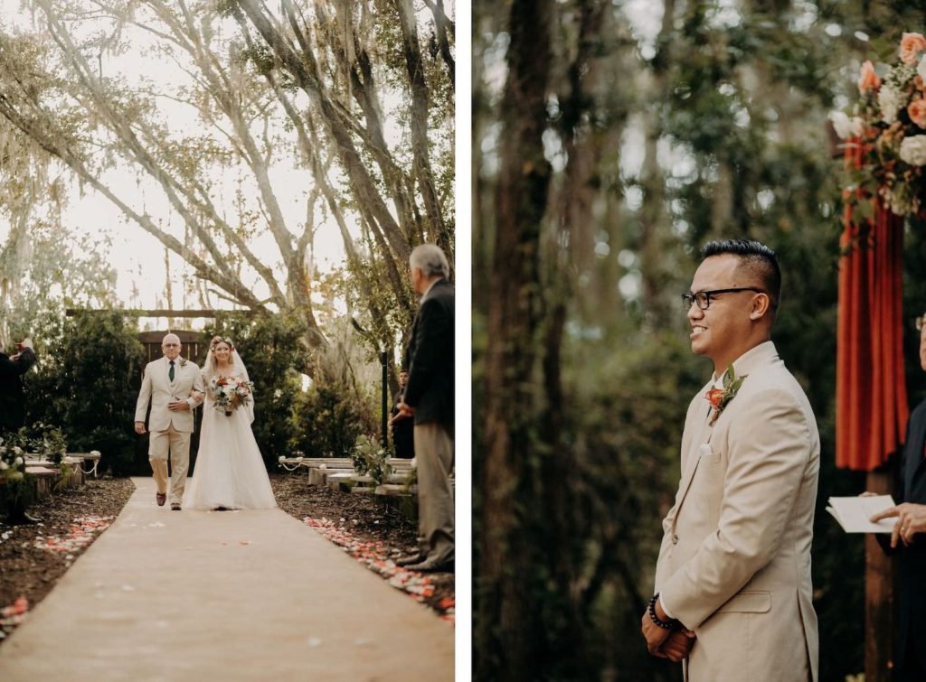 Tampa Bride Walking Down the Wedding Ceremony Aisle with Father, Groom Reaction to Bride Wearing Tan Suit | Plant City Wedding Venue Florida Rustic Barn Weddings
