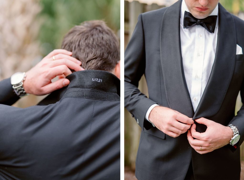 Tampa Bay Groom in Black Tuxedo with Wedding Date Embroidered on Collar