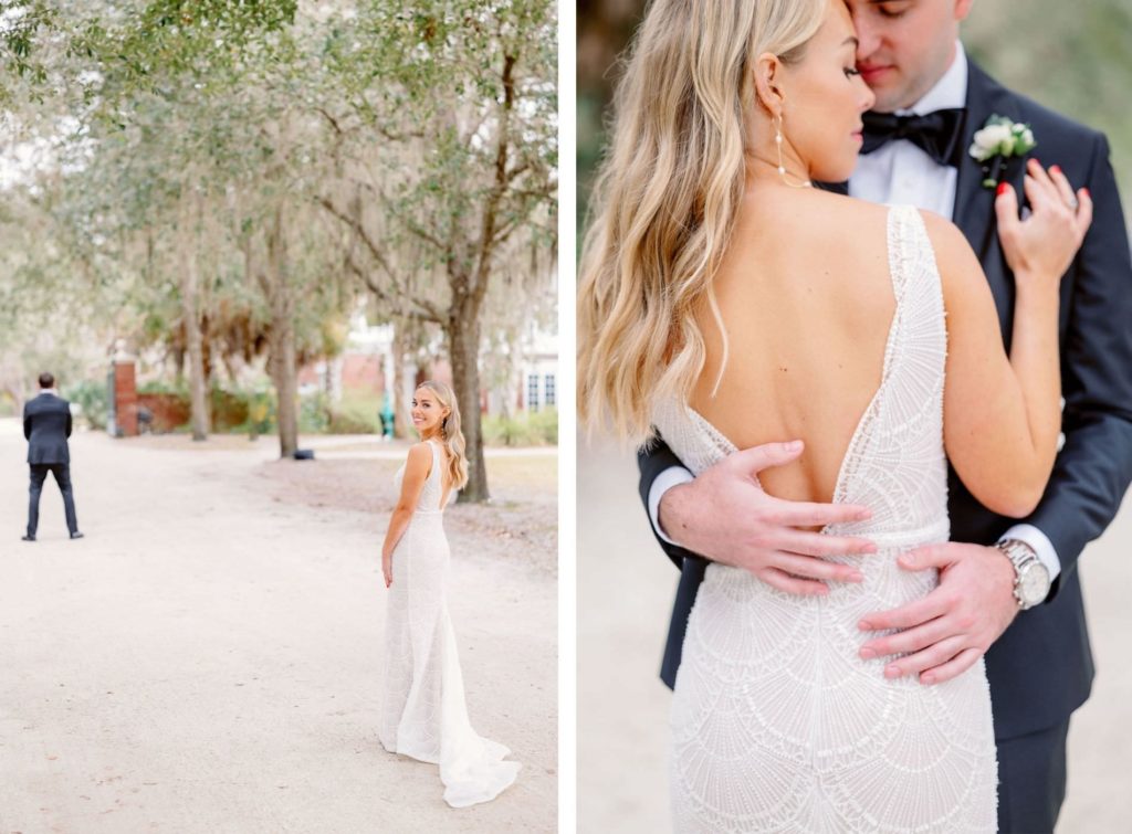 Elegant Bride in Jane Hill Luella Beaded Scalloped Plunging Neckline and Open Back Wedding Dress First Look with Groom in Black Tuxedo