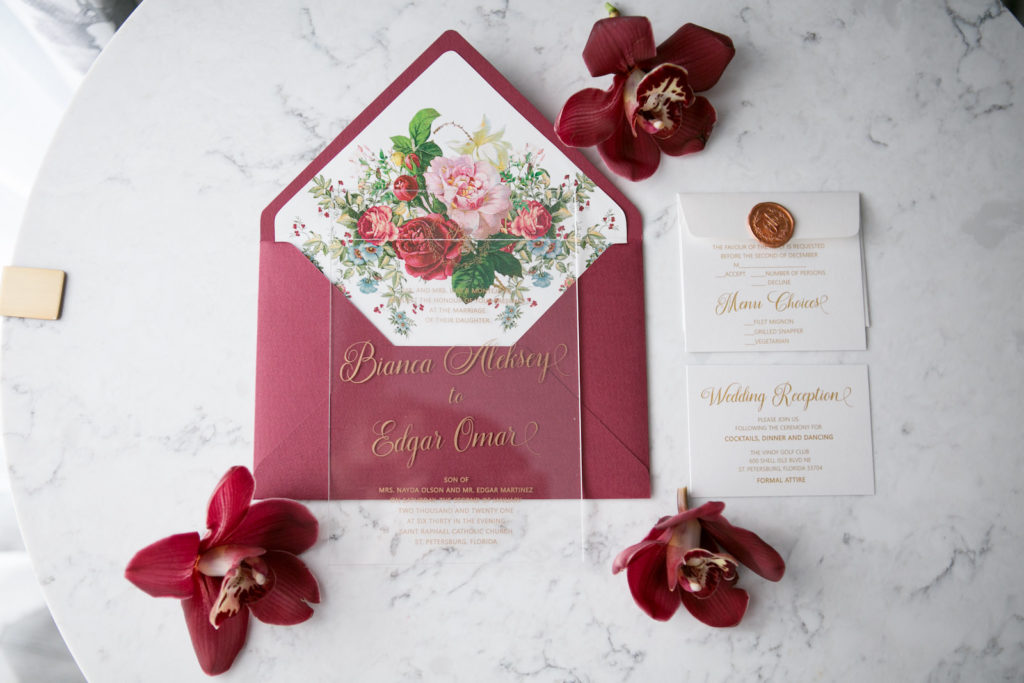 Elegant Modern Clear Acrylic with Gold Font Wedding Invitation, Burgundy Red and Floral Envelope Liner | Tampa Bay Wedding Photographer Carrie Wildes Photography