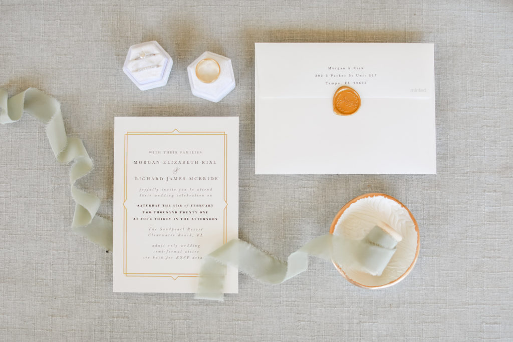 Elegant Classic White and Gold Wedding Invitations, Wedding Rings in Hexagonal Ring Box | Tampa Bay Wedding Photographer Lifelong Photography Studio