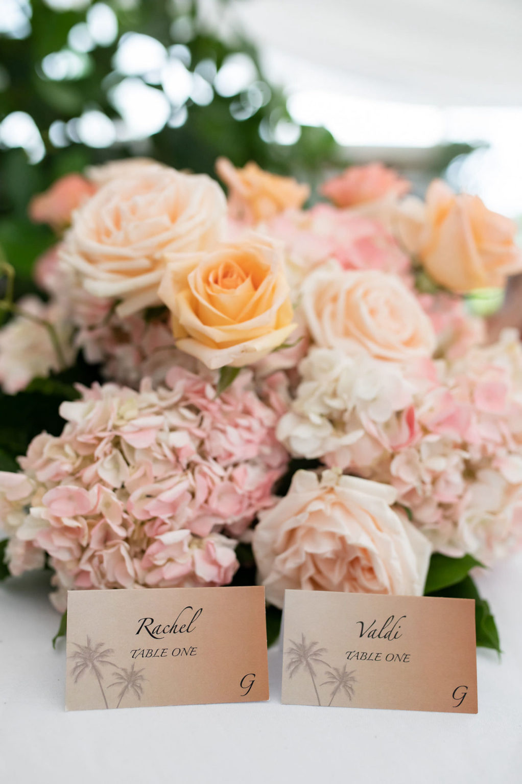 Bride and Groom Beach Wedding Escort Place Cards with Palm Tree Motif Design | Peach Roses with Pink Hydrangea