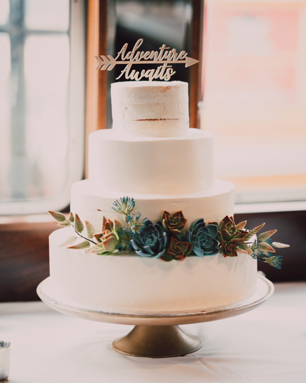 Simple Minimalistic Four Tier White Wedding Cake with Fondant Succulents and Laser Cute Cake Topper | Tampa Bay Wedding Photographer and Videographer Bonnie Newman Creative