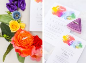 LGBTQ+ Gay Pride Rainbow Watercolor Wedding Invitation, Red, Purple, Yellow and Blue Flowers, Bride Wedding Ring in Triangular Purple Ring Box