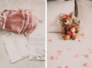 Blush Pink Silk Bridal Party Face Masks, Stuffed Animal Reindeer on Bed with Rose Petals | Tampa Bay Wedding Photographer Bonnie Newman Creative