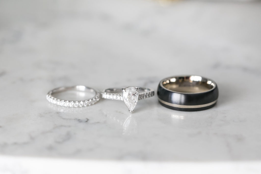 Pear Shaped Engagement Diamond Ring, Bride Diamond Wedding Band, Groom Black Wedding Ring | Tampa Bay Wedding Photographer Carrie Widles Photography