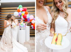 Unique Modern Gay LGBTQ+ Pride Wedding, Lesbian Brides Eating Wedding Cake, Four Tier White with Rainbow, Purple, Blue, Green, Yellow, Orange and Red Painted Colors, Colorful Balloon Arch | Tampa Bay Wedding Planner Stephany Perry Events