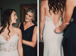 Florida Bride and Mom Helping Put Lace and Illusion Spaghetti Strap V Neckline Bodice Fitted Wedding Dress | Tampa Bay Wedding Photographer Bonnie Newman Creative | Wedding Hair and Makeup Femme Akoi Beauty Studio