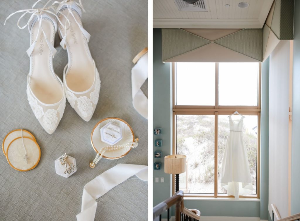 Bride Wedding Accessories, Floral Lace and Illusion Pointed Toe Strappy Wedding Shoes, Wedding Rings in Ring Box, Pearl Bracelet, V Neckline and A-Line Wedding Dress Hanging in Window | Tampa Bay Wedding Photographer Lifelong Photography Studio
