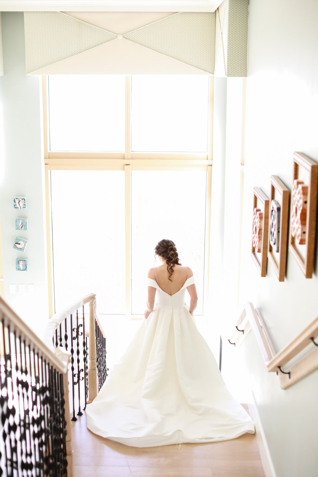 Elegant Classic Bride on Staircase Wearing Open Back off the Shoulder Straps A-Line Wedding Dress | Tampa Bay Wedding Photographer Lifelong Photography Studio | Wedding Hair and Makeup Adore Bridal