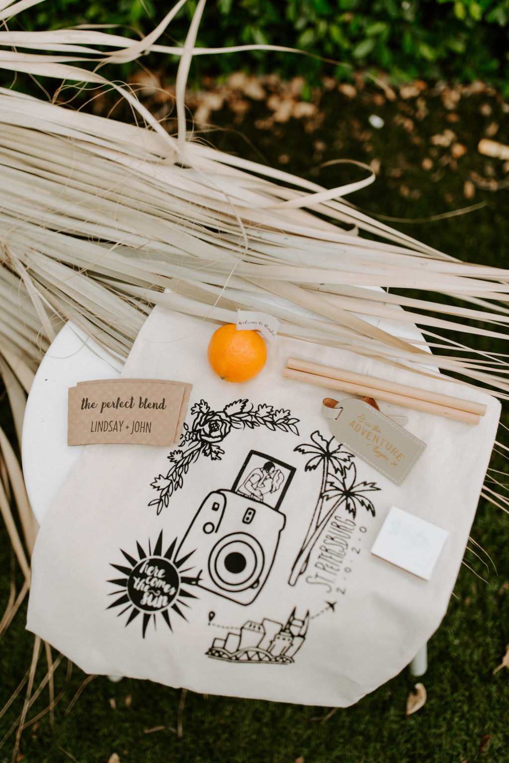 Custom Tote Bag, Wooden Bamboo Straws, Clementine Wedding Favor
