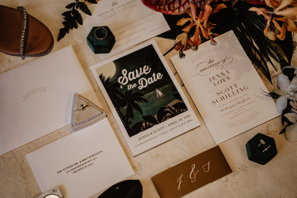 Tropical Dark and Moody Wedding Save the Date, White and Brown Font Wedding Invitation Suite, Triangular Gray Ring Box with Oval Diamond Engagement Ring, Emerald Green Hexagon Ring Box with Groom Wedding Ring