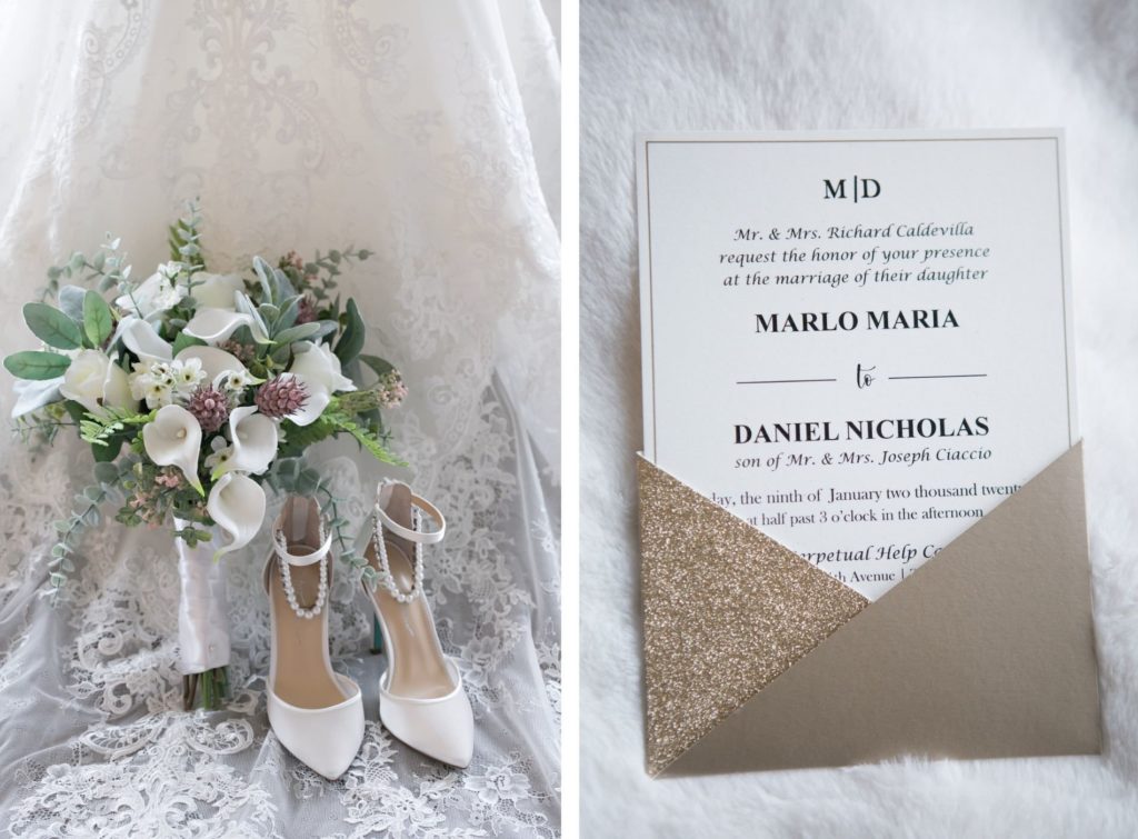Glittery Wedding Invitation | Calla Lily Bouquet and White Wedding Heels