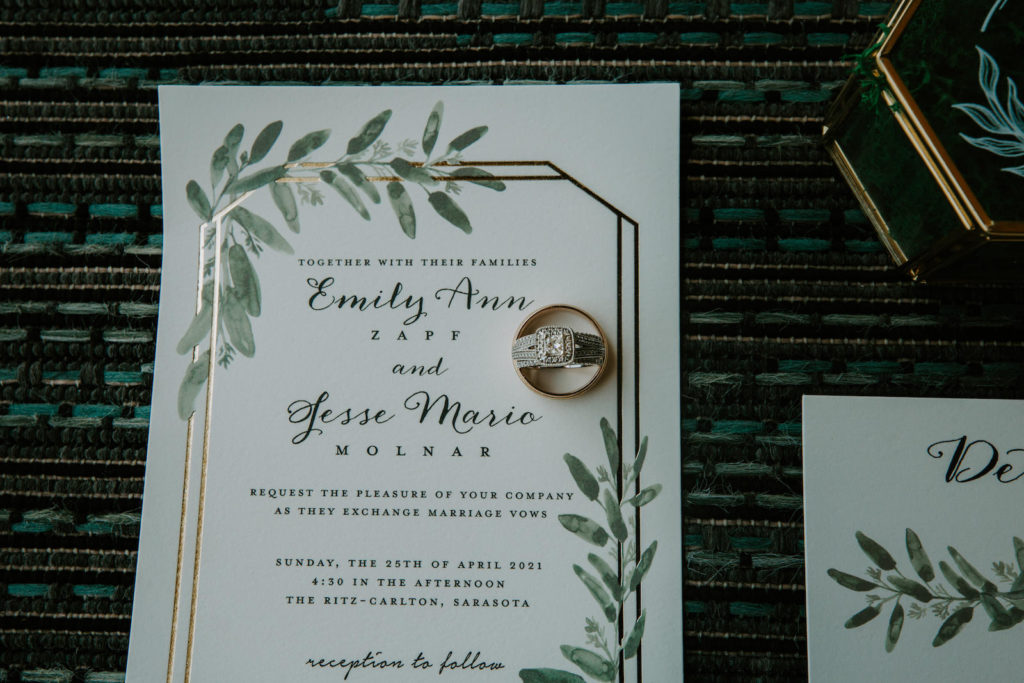 Earthy Elegant Wedding Invitation, Gold Foil Geometric Shape and Greenery Leaves, Bride Diamond Engagement Ring