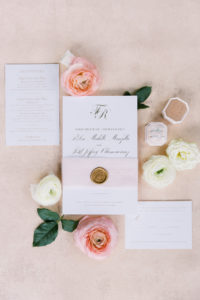Elegant Florida Wedding Stationery and Invitation Suite, Ivory Paper with Gold Script and Wax Seal, The Mrs Box Bevel Double Velvet Ring Holder in Blush Pink | Tampa Bay Wedding Planner Parties A’ La Carte