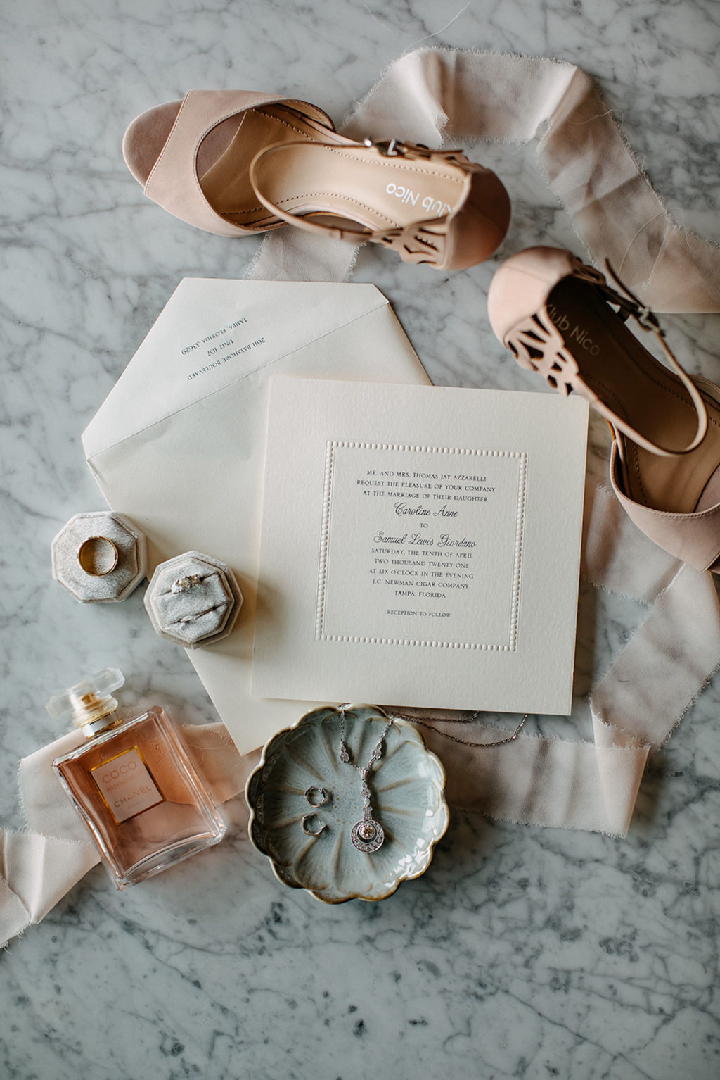 Vintage Inspired Florida Bridal Accessories and Details, Klub Nico Blush Open Toe Shoes, Ivory Square Invitation Suite, Coco Channel Perfume, Hexagon Velvet Ring Bow, Dangle Necklace with Small Hoop Earrings