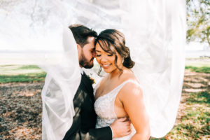 Romantic Bride and Groom Under Wedding Veil Photo