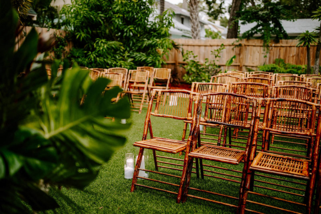 Outdoor Florida Wedding, Backyard Wedding Ceremony Decor, Bamboo Folding Chair Rentals | Tampa Bay Wedding Planner Parties A'La Carte