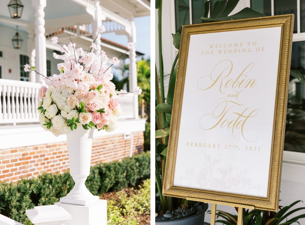 Elegant Outdoor Florida Wedding Ceremony and Decor, Large Floral Centerpiece with Blush Pink Cherry Blossoms, Ivory Roses, Pink Peonies, and White Hydrangeas, White Vase, Gold Framed Welcome Sign Clearwater Luxury Floral Designer Bruce Wayne Florals | Tampa Bay Wedding Planner Parties A'La Carte
