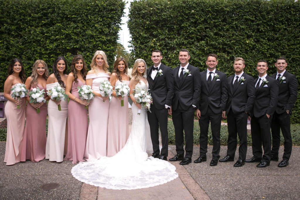 Bridal Party Outdoor Wedding Portrait | Ombre Pink and Mauve Mismatched Bridesmaids Dresses | White Bridesmaids Bouquets