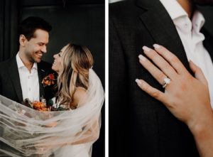 Romantic Bride with Veil Blowing in and Groom, Oval Diamond Engagement Ring | Tampa Bay Wedding Hair and Makeup Femme Akoi Beauty Studio