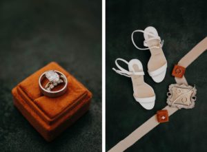 Oval Diamond Engagement Ring, Bride and Groom Wedding Bands in Burnt Orange Ring Box, White Strappy Sandal Heels