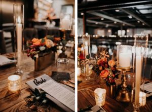 Dark and Moody Wedding Reception Decor, White Linen Napkins with Laser Cut Table Place Cards, Paper Menus, Black Silverware, Long Wooden Feasting Table, Black Tufted Chairs, Candlesticks, Burnt Orange Florals | Wedding Venue and Caterer Urban Stillhouse St. Pete