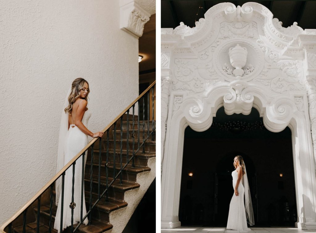 Florida Modern Bride in Sleek Wedding Dress and Veil on Staircase | Bride Under Majestic White Arch | Tampa Bay Wedding Hair and Makeup Femme Akoi Beauty Studio | Wedding Venue The Vinoy