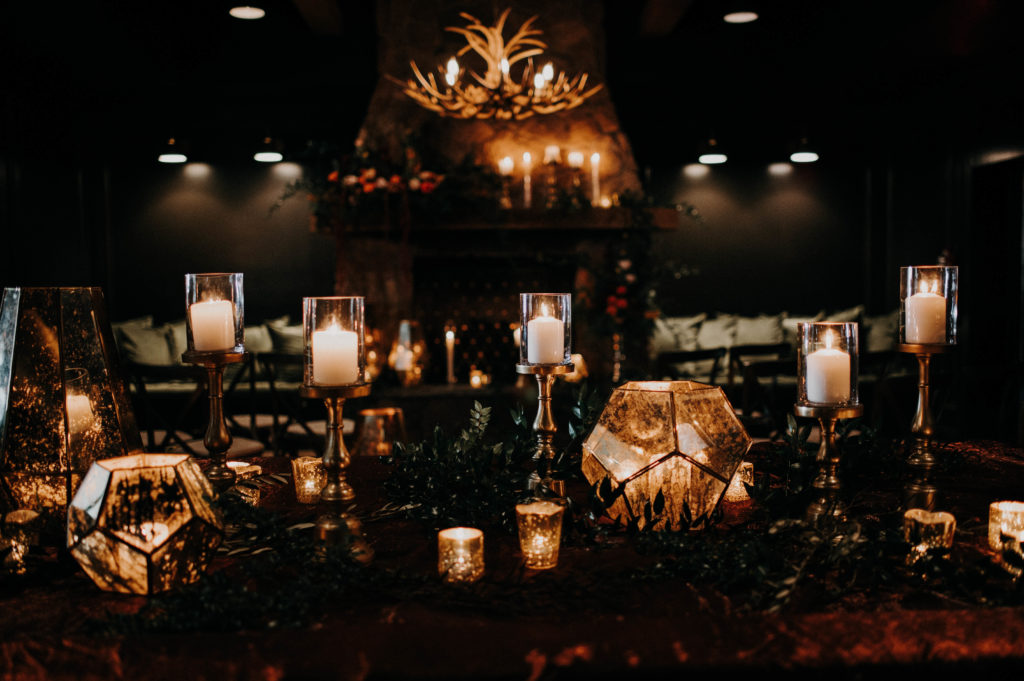 Dark and Moody Wedding Decor, Geometric Candle Holders, High and Low Candlesticks | Wedding Venue Urban Stillhouse St.Pete