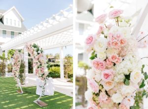 Elegant Outdoor Clearwater Lawn Wedding Ceremony and Decor at Belleview Inn, Large Floral Circle Arch Under Pergola, with Pink Cherry Blossoms, Ivory Roses, Blush Peonies, and White Hydrangeas | Florida Luxury Wedding Planner Parties A'La Carte | Tampa Bay Wedding Florist Bruce Wayne Florals