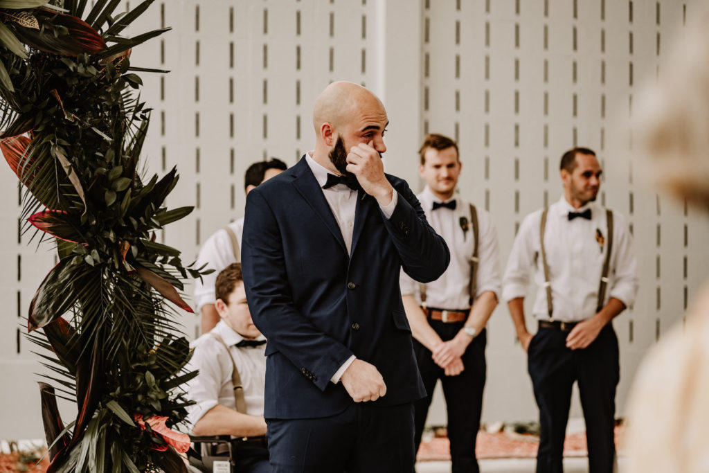 Groom Emotional Reaction to Watching Bride Walking Down the Wedding Ceremony Aisle | Tampa Bay Wedding Florist Iza's Flowers