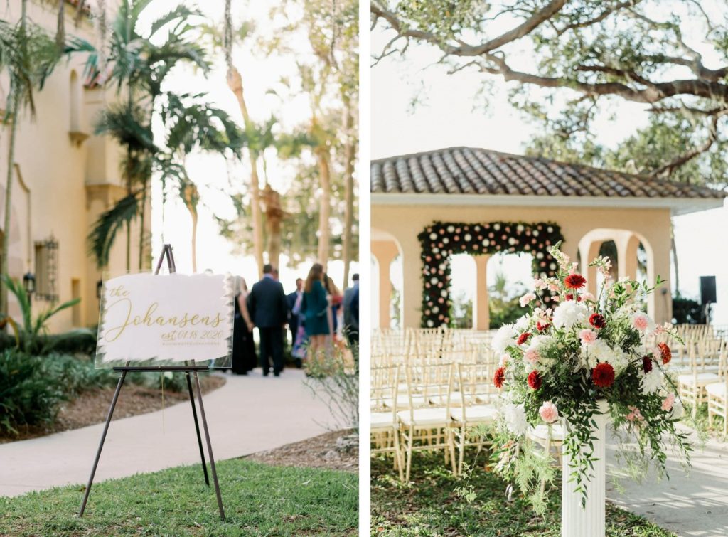 Romantic Timeless Outdoor Wedding Ceremony Decor, Acrylic White and Gold Wedding Sign, Lush Burgundy, White and Blush Pink with Greenery Floral Arrangement on White Pedestal | Sarasota Wedding Venue Powel Crosley Estate | Tampa Bay Wedding Photographer Dewitt for Love Photography