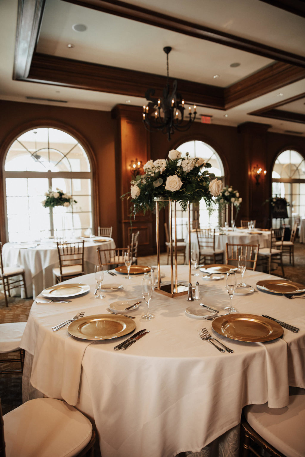 Earthy Elegant Wedding Reception Decor, Gold Chargers, Tall Floral Centerpiece | Wedding Venue Ritz Carlton Sarasota