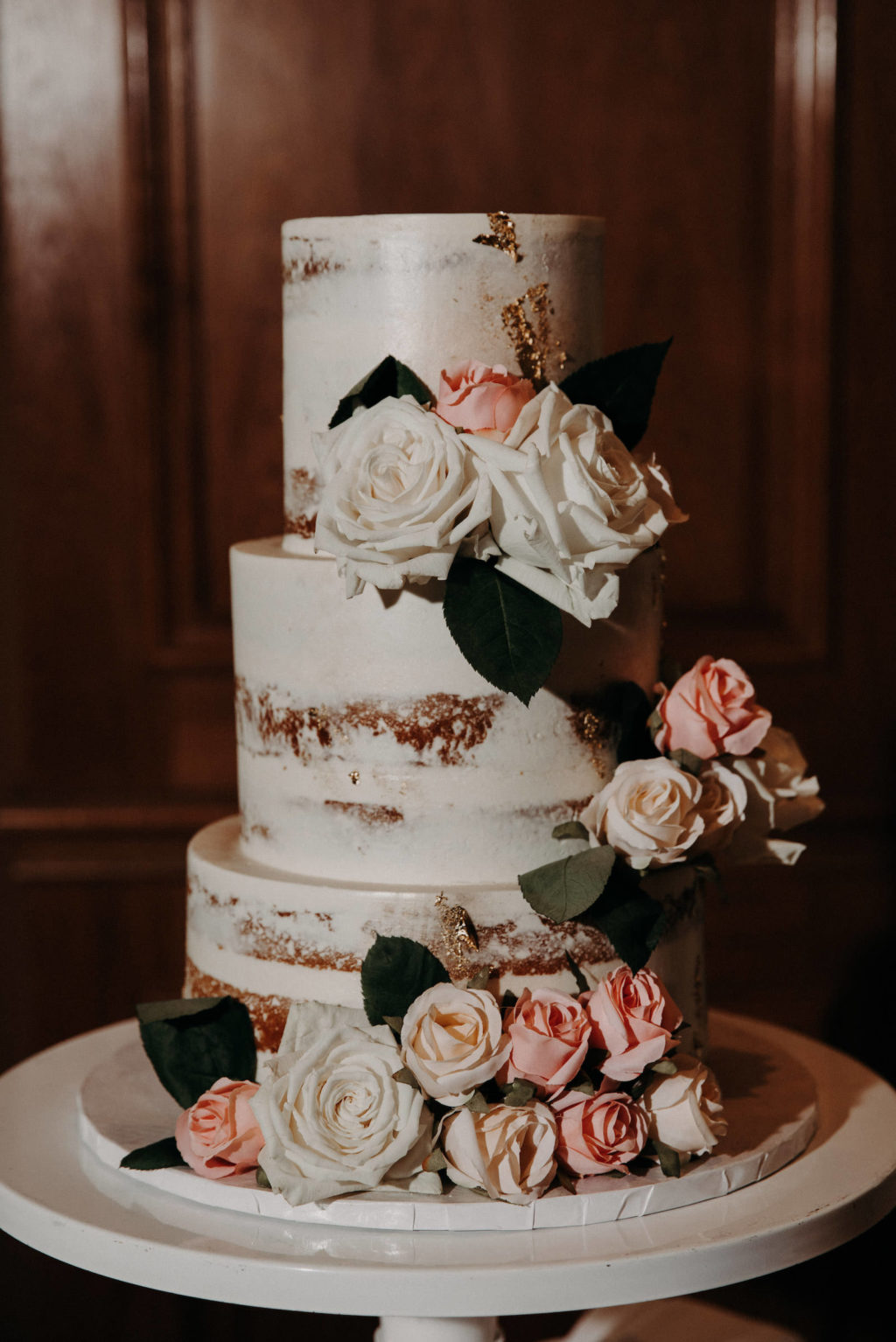 Semi Naked Three Tier Wedding Cake with Blush Pink and Ivory Roses