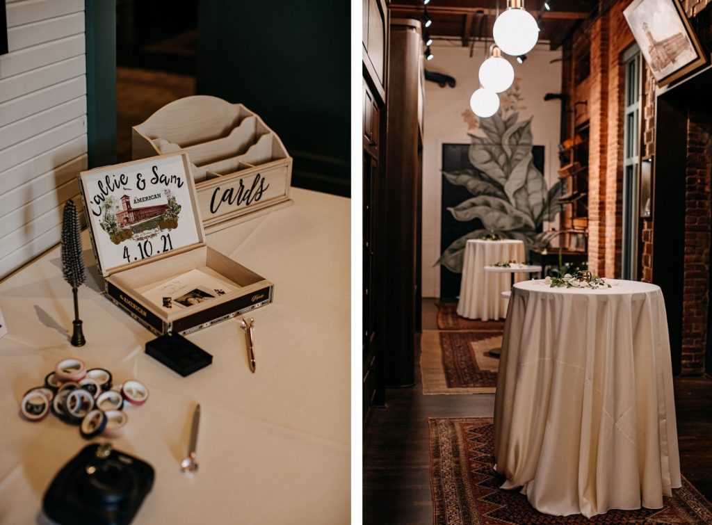Vintage Inspired Florida Wedding Cocktail and Reception Decor, Hightop Tables with White Linens and Greenery, Polaroid Guest Book, Custom Card Box | Ybor Wedding Venue J.C. Newman Cigar Co.