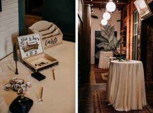 Vintage Inspired Florida Wedding Cocktail and Reception Decor, Hightop Tables with White Linens and Greenery, Polaroid Guest Book, Custom Card Box | Ybor Wedding Venue J.C. Newman Cigar Co.