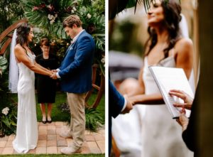 Tampa Bay Bride and Groom Exchange Vows in Backyard Ceremony, Tropical Outdoor Wedding Decor, Circle Arch with Monstera Leaf Greenery | Florida Wedding Planner Parties A'La Carte