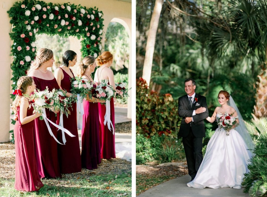 Timeless Romantic Wedding Ceremony, Bridesmaids in Burgundy Mix and Match Dresses, Greenery Pink, White and Red Floral Arch, Bride Wearing Ballgown Wedding Dress Walking with Father Down the Wedding Ceremony Aisle | Tampa Bay Wedding Photographer Dewitt for Love