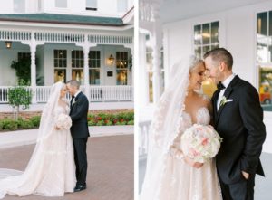 Classic Florida Bride and Groom Outside Belleview Inn, Bride Wearing Adam Zohar A-Line Wedding Dress and Long Cathedral Length Galia Lahav Bridal Veil with Tiara, Holding Round Bouquet with Ivory, Blush Pink and White Florals, Groom Wearing Classic Black Tie Tux by Giorgio Armani | Tampa Bay Wedding Planner Parties A'La Carte | South Tampa Wedding Dress Boutique Isabel O'Neil Bridal Collection | Clearwater Wedding Florist Bruce Wayne Florals